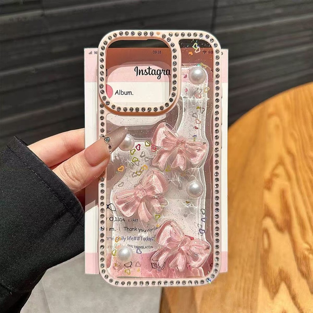 Luxury Dot Diamond Glitter Pearl Bowknot เคสโทรศัพท์เหมาะสําหรับ iPhone 17 16 Pro Max 15 14 13 Pro Max ปลอกกันกระแทกเลนส์กล้องป้องกันอะคริลิคใสฮาร์ดปกหลัง