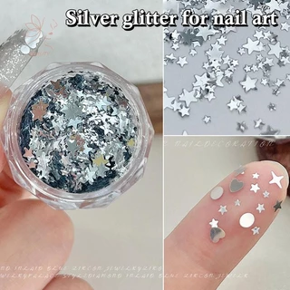 [maybeauty] 1 กล่อง 3D Round Heart Star Nail Art Charms เลื่อมเล็บ Flake Silvery Shiny Charms Accessories {TH}