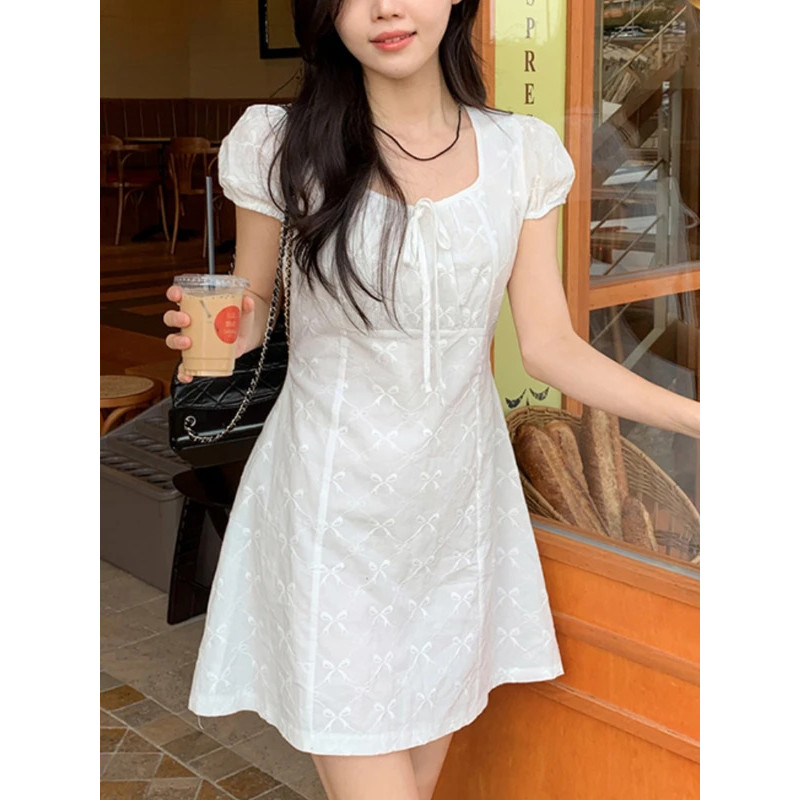 Mo Summer Korea Chic Fairy Dress Women Gentle ASquare Collar Bow Print Dress Female Casual Slim Fit 