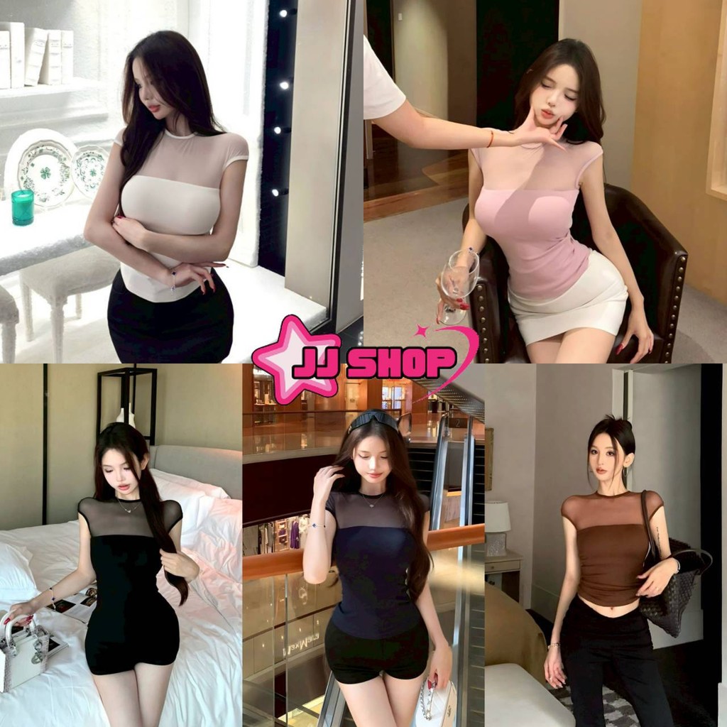 JJ Shop​ พร้อมส่ง เสื้อยืดแขนสั้น ดีเทลแต่งซีทรูด้านบนน่ารักมาก สีสดใส ยืดพอดี "FY1040"