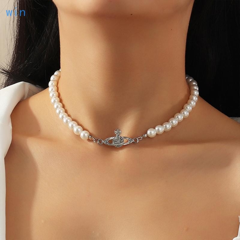 Imitation Pearl Necklace Artificial Planet Diamond Chocker Pendant for Women