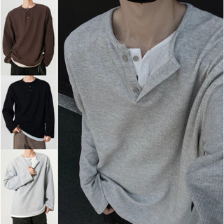 เสื้อยืดแขนยาวผู้ชายแบบ American Henley ดีไซน์วาфเฟิล สวมใส่…
