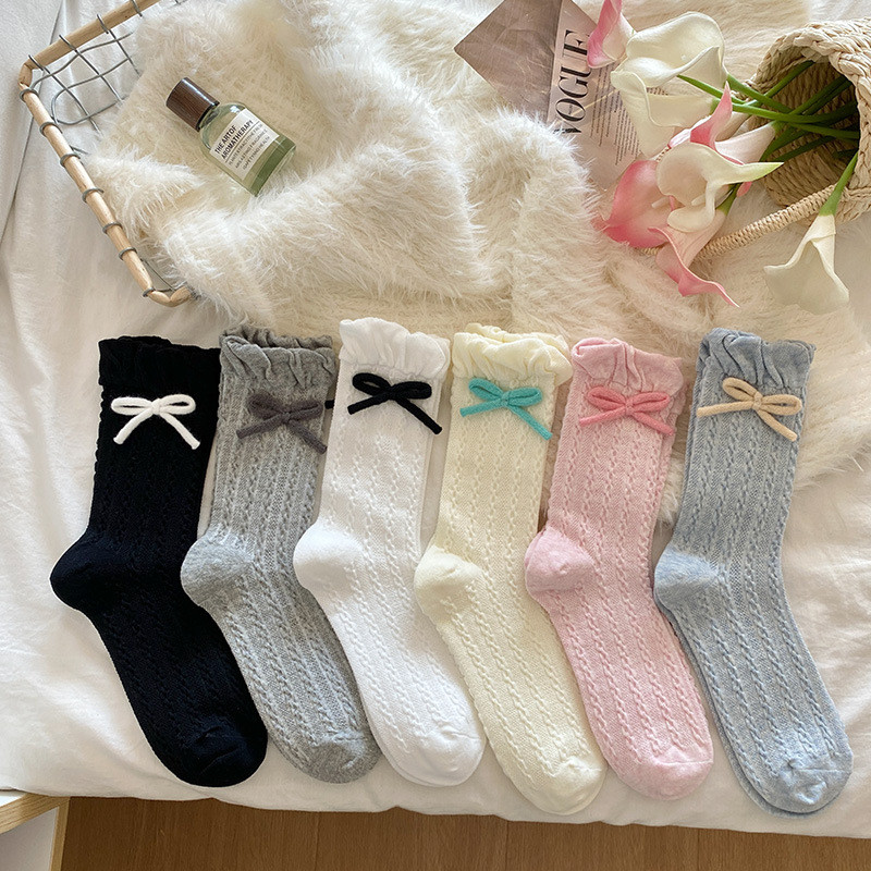 🎀เตรียมส่งของจากไทย🎀อินสไตล์เกาหลีถุงเท้าไหมพรมสไตล์หวานน่ารักสไตล์บัลเล่ต์ตกแต่งโบว์ตาข่ายระบายอากาศสไตล์การแต่ง