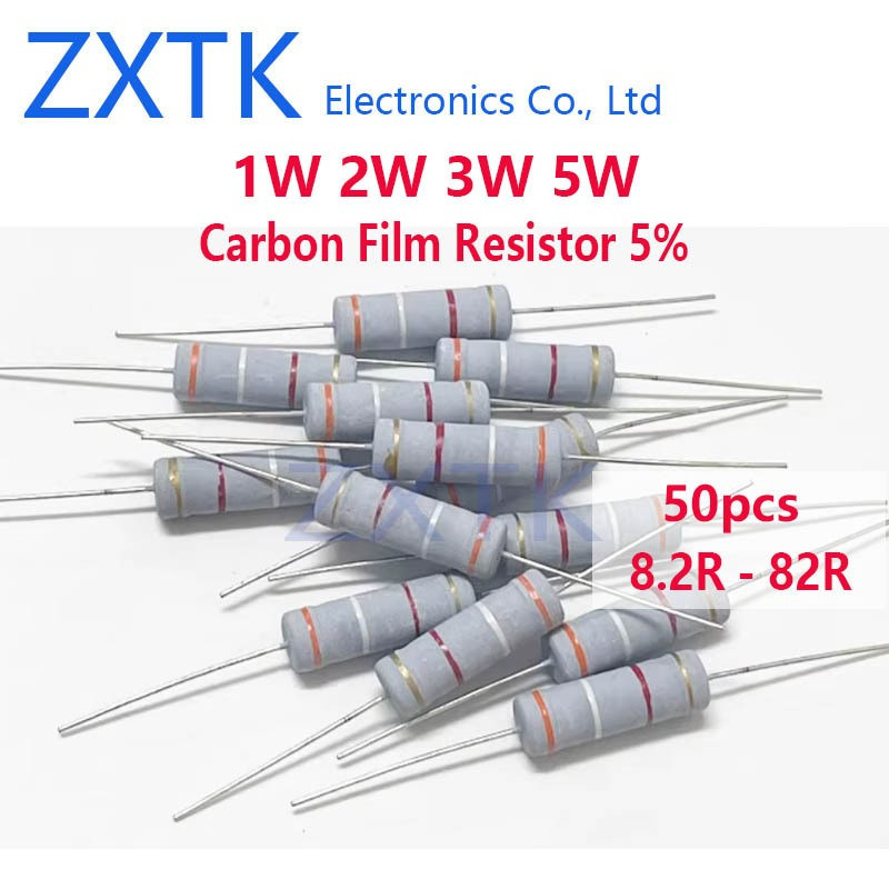 CHIP IC 50PCS Carbon film resistor 5% Ohm 1W 2W 3W 5W 8.2R-82R 9.1R 10R 12R 15R 18R 20R 22R 24R 27R 