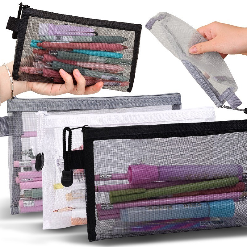 แบบมินิมอล กระเป๋าดินสอแบบตาข่าย มีซิปปิด กระเป๋าใส่เครื่องสําอาง กระเป๋าใส่ของอเนกประสงค์ แบบพกพา มองเห็นของข้างใน