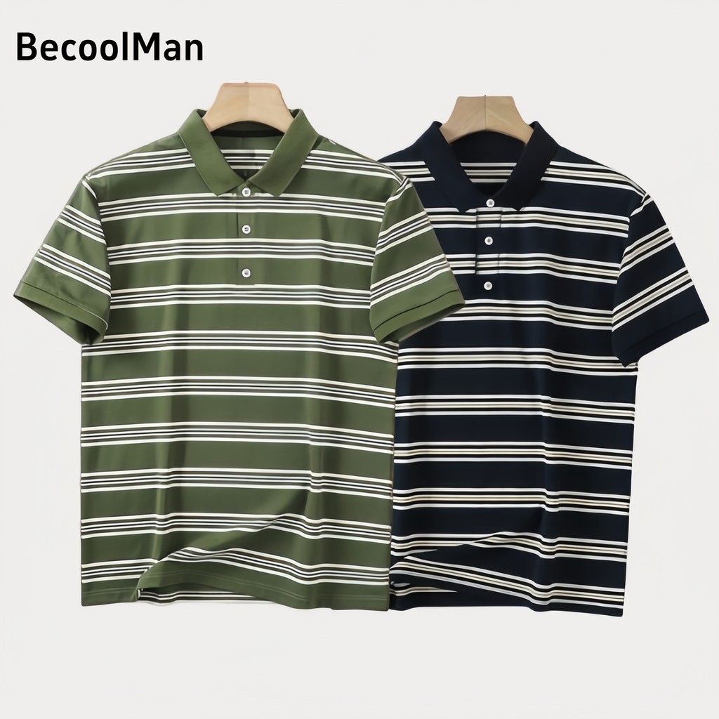 💥BecoolMan💥เสื้อโปโลลายทางสำหรับฤดูร้อน  สีต่อ  แขนสั้นชายวัยกลางคน  แบบหลวม  แมทช์ลุคง่าย