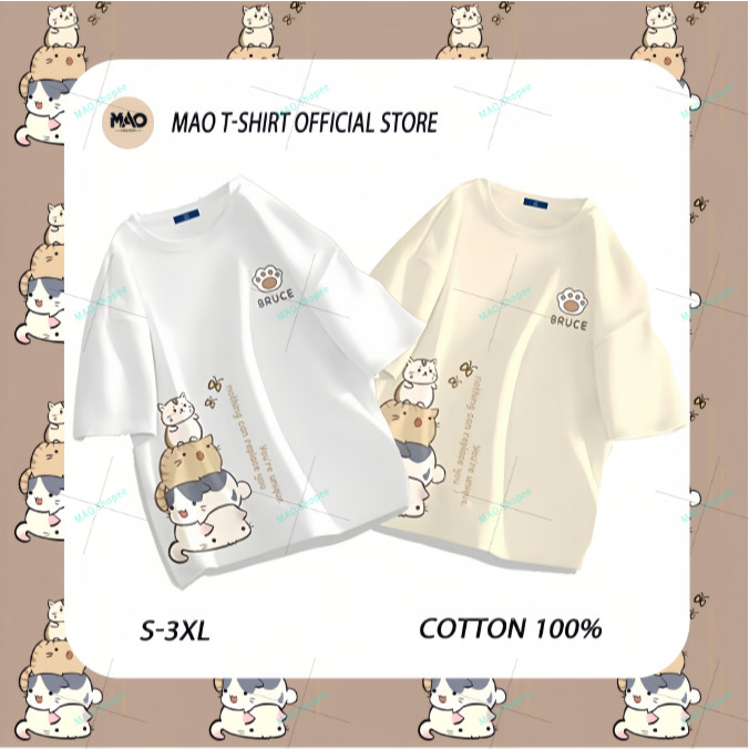 COD✅ (จัดส่งในกรุงเทพฯ) MAO Shop ลูกแมวการ์ตูนน่ารัก✨ผ้าโพลีเอสเตอร์ ผ้าฝ้ายแท้✨ผ้าฝ้ายแท้ S-3XL เสื้อลายแมวเสื้อยืดแมว