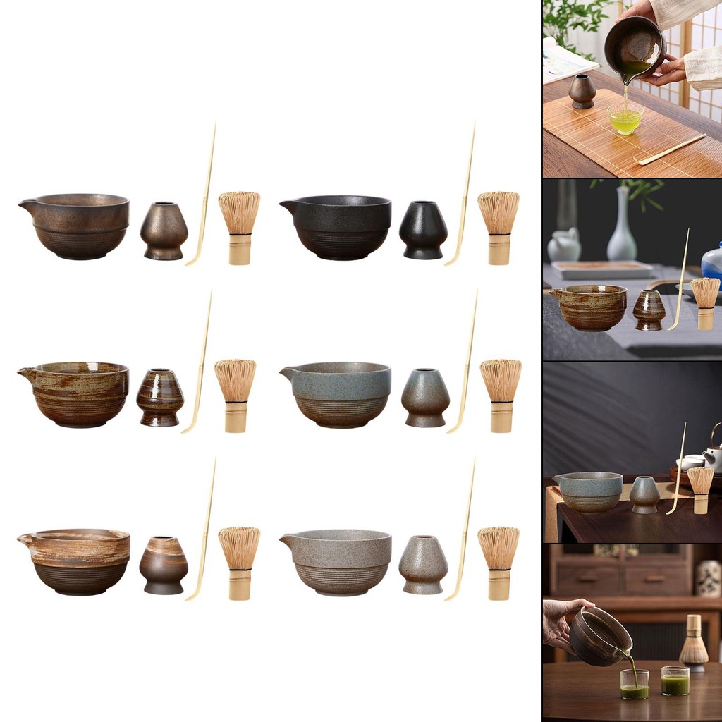 [mibum01eb] 4 ชิ้น Porcelain Matcha Bowl ชุดชา Handmade สําหรับคนรักชาชามชา Matcha พิธีชงชาชุดไม้ไผ่