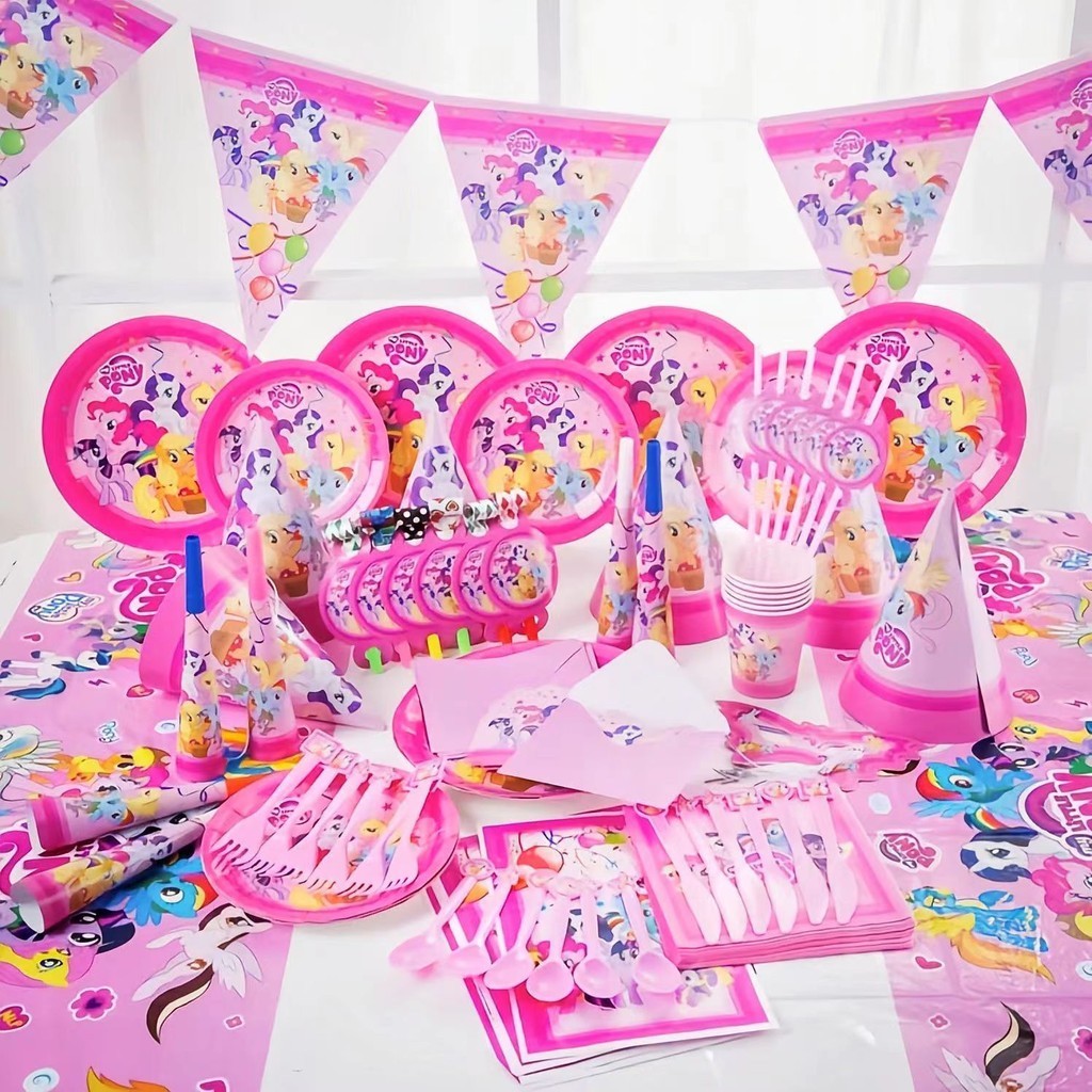 My Little Pony Theme เครื่องใช้บนโต๊ะอาหารวันเกิดเด็ก Unicorn Party มีดแบบใช้แล้วทิ้ง ส้อม ช้อน จาน ถ้วย ธง แบนเนอร์ ลูกโป่ง Set up Venue