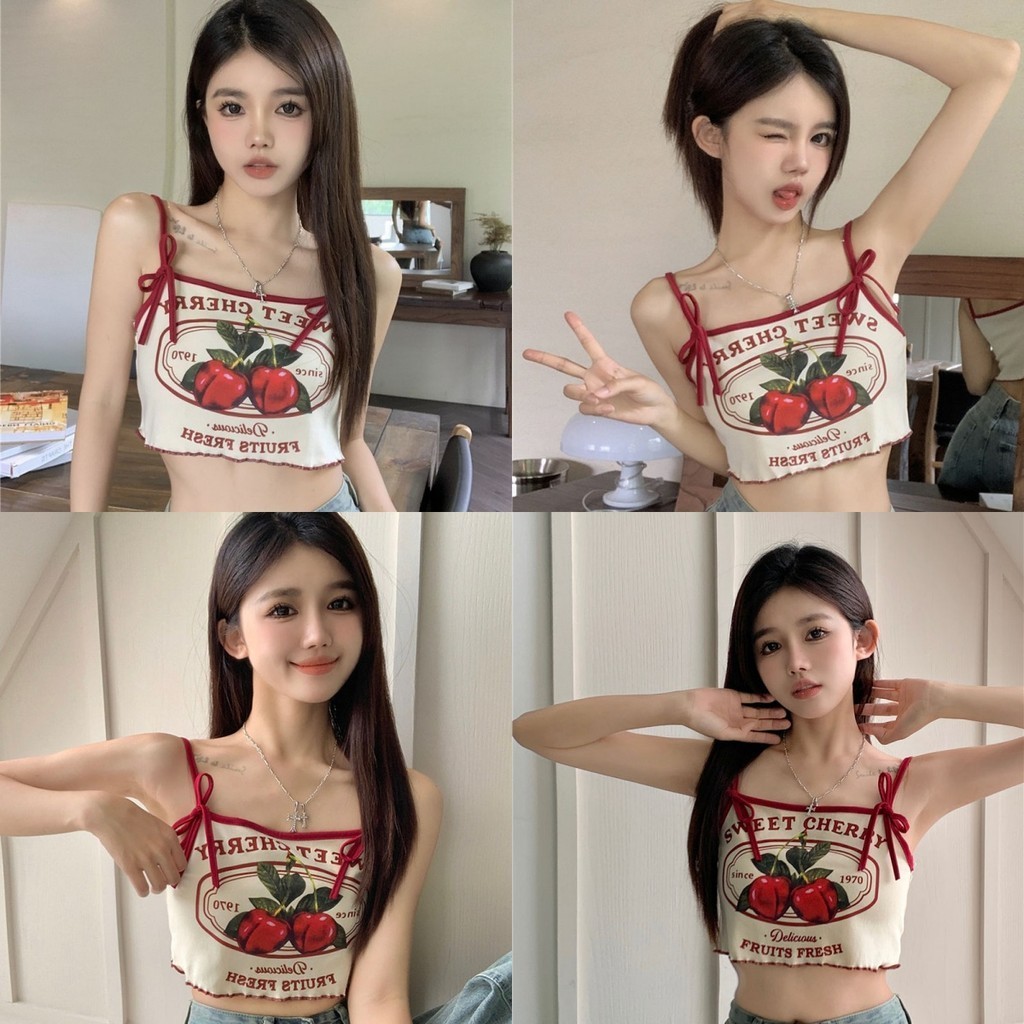 Evelyn เสื้อกล้าม ครอปเอวลอย ผ้านิ่มเด้ง ลายเชอร์รี่ เสื้อไปทะเล สไตล์ใหม่ น่ารักๆ #M5552