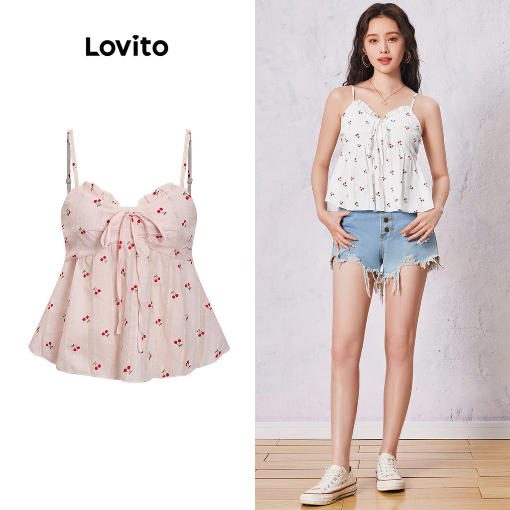 Lovito เสื้อแขนกุด เย็บปักลาย แต่งระบาย เชือกผูก ลายดอกไม้ดิสซี่ สไตล์ลำลอง สำหรับผู้หญิง LNE21190 (หลากสี)
