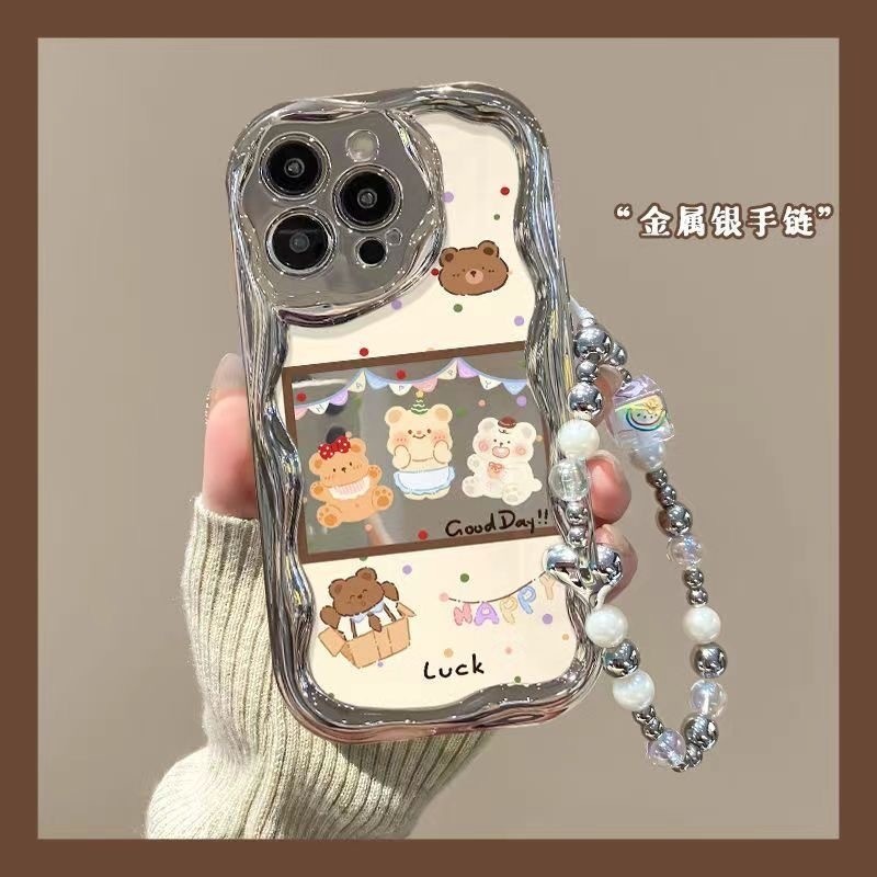 สร้อยข้อมือการ์ตูนหมีกระจกเงินไฟฟ้า Xiaomi 14 13T 12X 11 Lite 5G Redmi Note13 12 Pro + 11s เคสโทรศัพท์กันกระแทก