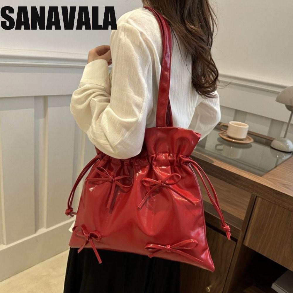 Sanavala Bow Drawstring Bag, Leather Pleated Bowknot Bucket Bag, Sweet Shoulder Bag Large Capacity Underarm Bag Bow Tote Bag Travel