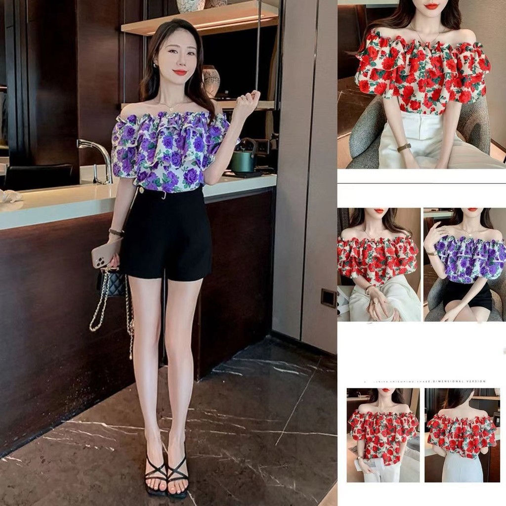 เสื้อเชิ้ตลายดอกไม้ไหล่เดียวสําหรับผู้หญิงดีไซน์ใหม่เสื้อชีฟองคลุมหน้าท้องชีฟองหวานนิชด้านบนระดับไฮเอนด์