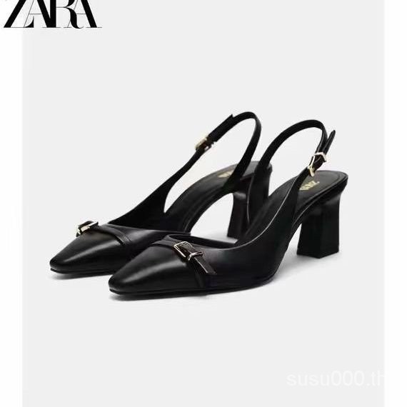 รองเท้าผู้หญิงฤดูใบไม้ผลิ ZARA ใหม่ของสเปนรองเท้าส้นสูงหัวเข็มขัดสีดำรองเท้าแตะคำเดียวใหม่สไตล์จีน INS ซุปเปอร์นางฟ้า
