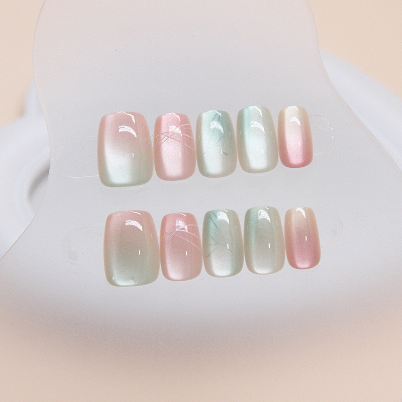 10pcs Cat Eye Handmade กดบนเล็บเล็บปลอมพร้อมสติกเกอร์กาว M029