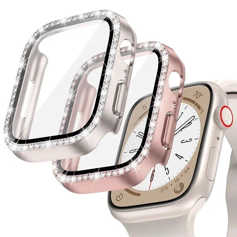 เพชรแก้ว + ฝาครอบสําหรับ Apple Watch Case 45 มม.41 มม.40 มม.44 มม.42 มม.38 มม.Bling กันชน + ป้องกันหน้าจอ iwatch Series 9 8 7 3 6 SE
