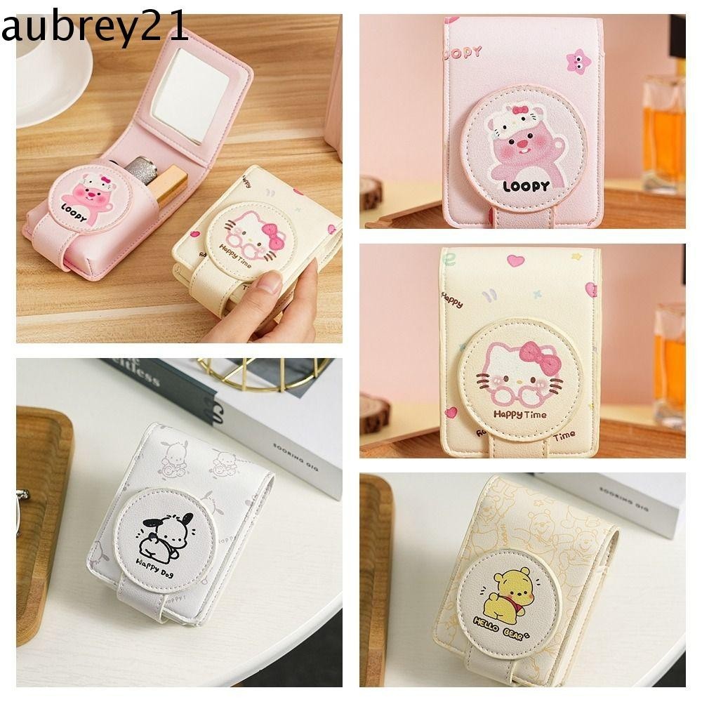 Aubrey1 กระเป๋าลิปสติกพร้อมกระจก, Winnie The Pooh Pochacco Lip Gloss Pouch, Cute Kitty Cat Cartoon Small Item Bag Pu Lipstick Bag Girls