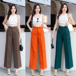 G94 กางเกงทรงขากระบอก ตะขอหน้า แต่งหูเข็มขัดคู่ 9 ส่วน ผ้าเปเป้ Pants ผู้หญิง Clothing เสื้อผ้า Women Lady