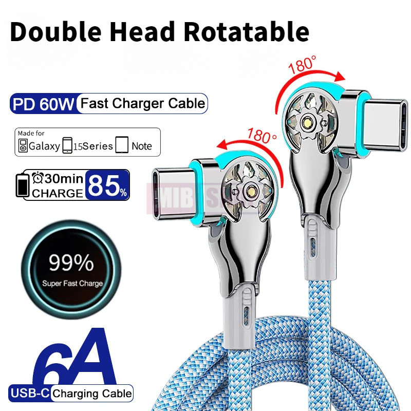 Pd 60W ข้องอ 180° องศาหมุน Super Fast สายชาร์จประเภท C ถึง Type C Quick Charge สําหรับ 15 Pad Samsung S24 S23 S22 Ultra A54 A53 หมายเหตุ 20 Plus 5G USB C ข้อมูลสาย – โปรปัง