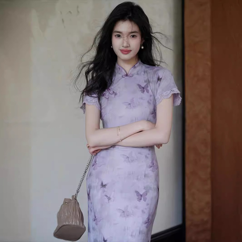 ชุดเดรสกี่เพ้าผีเสื้อสีม่วงย้อนยุคสไตล์จีนแห่งชาติ