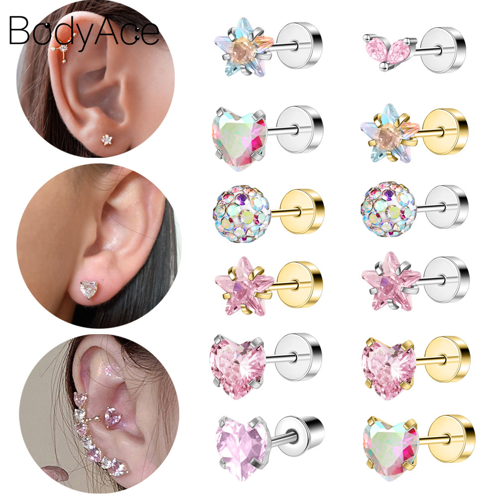Bodyace1 Pc 20G ต่างหูสตั๊ดต่างหูสแตนเลส Cubic Zircon เจาะหู Multicolor Body Piercing