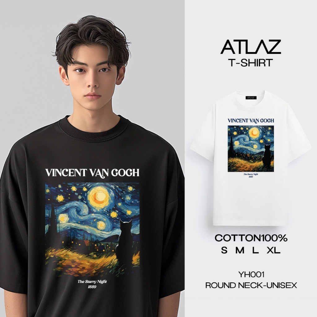 (🔥เสื้อยืดพิมพ์ลาย🔥) ATLAZ เสื้อยืดสกรีนลาย Starry Night Vincent van Gogh cat (รหัส YH001) ผ้าCotton