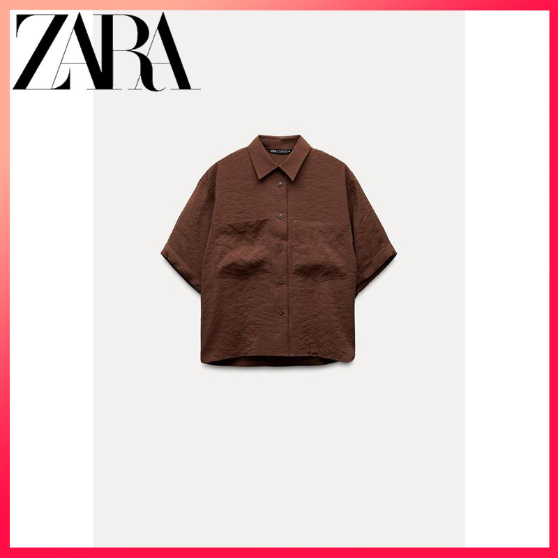 ZARA ซาร่า 24 ฤดูใบไม้ร่วงสินค้าใหม่เสื้อผ้าสตรีแขนสั้นปกพื้นฐานเสื้อหลวม