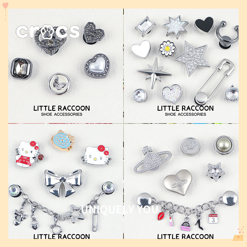 Crocs Jibbitz Silver Metal series รองเท้าหัวเข็มขัดโลหะ KT แมวรองเท้าดอกไม้ charm Crocs โลหะโซ่รูอุปกรณ์เสริมรองเท้า