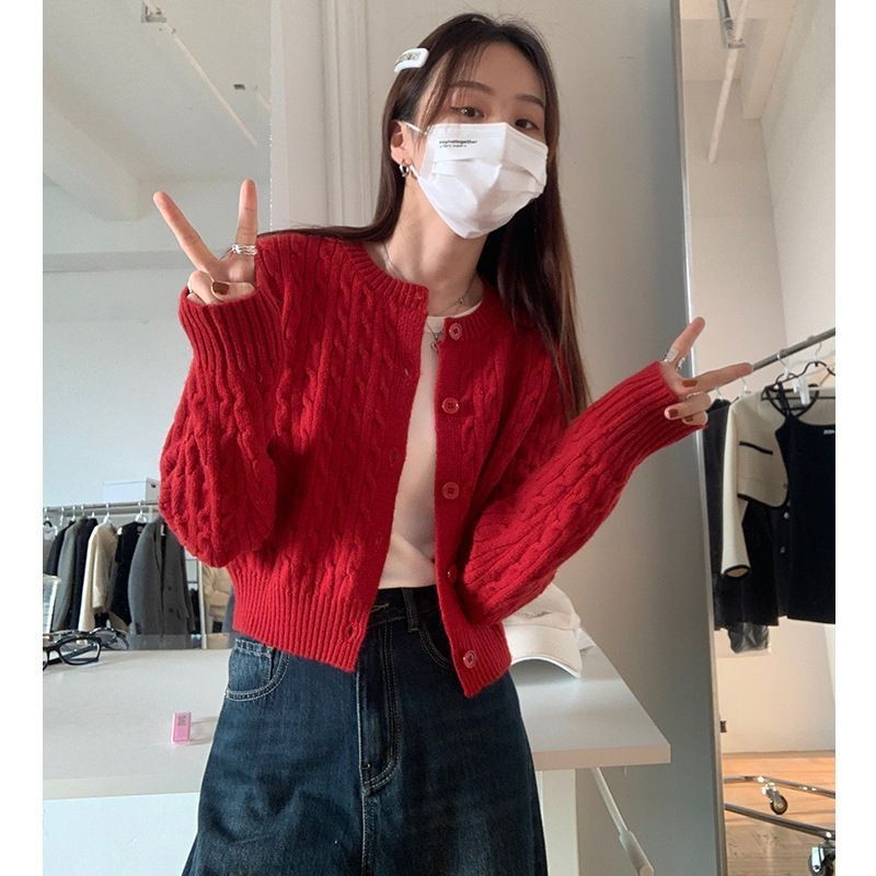 วินเทจสั้นบิดเสื้อคาร์ดิแกนผู้หญิงฤดูใบไม้ร่วงฤดูหนาวคาร์ดิแกนถักสีแดง