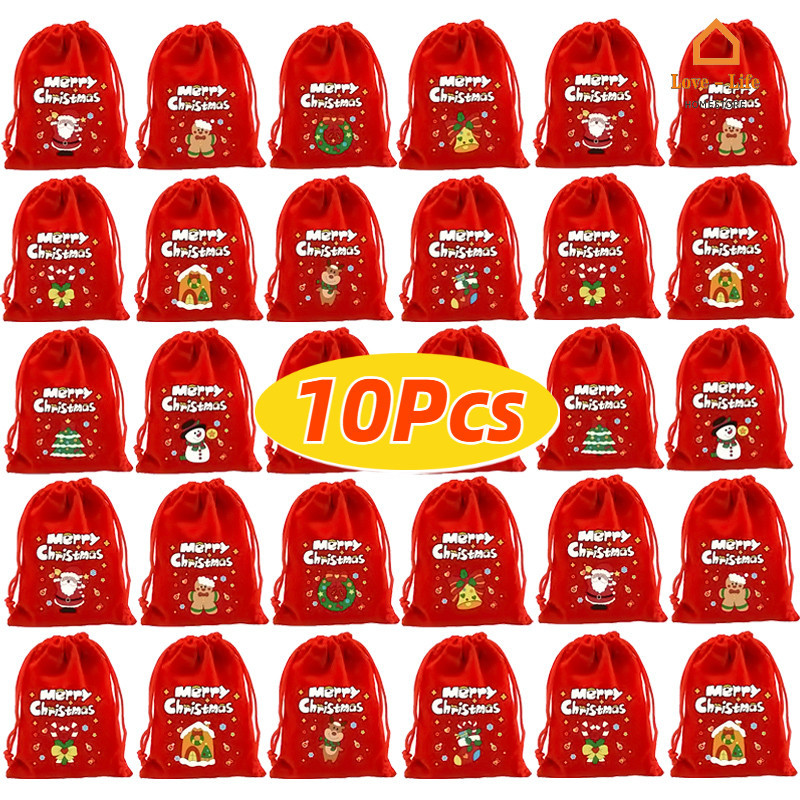 กระเป๋าลายกวางเกล็ดหิมะซานตาคลอสน่ารัก 10 ชิ้น - กระเป๋าหูรูดกํามะหยี่คริสต์มาส - ถุงบรรจุภัณฑ์ขนมของขวัญ