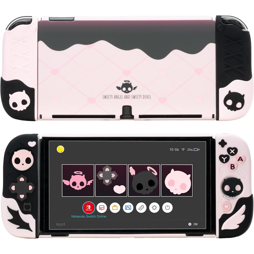 เคสป้องกันสําหรับ Switch/OLED Anti-Scratch Slim Cover Case ใช้งานร่วมกับ Nintendo Switch Sparable Soft Silicone Protective Shell with 2 Thumb Grip Caps- Sweetheart Skull