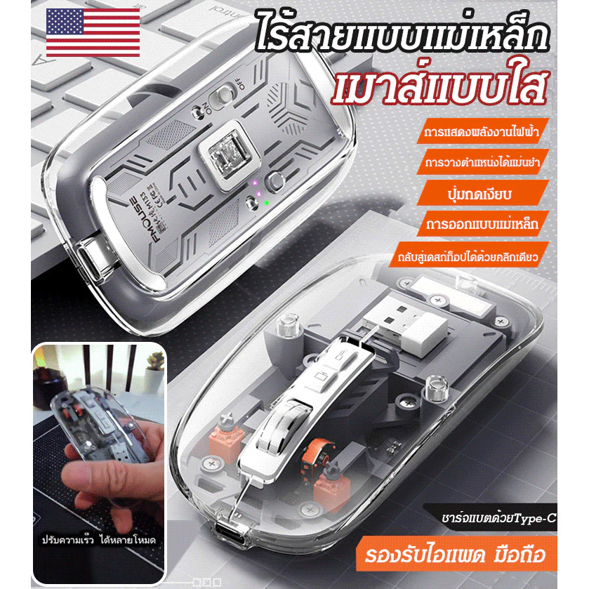 เมาส์ไร้สายแบบใส ระบบแม่เหล็ก Bluetooth 2in1