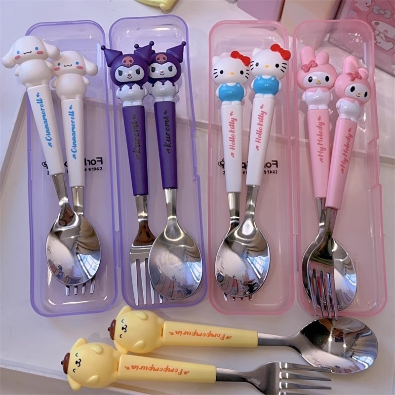 ช้อนส้อมสแตนเลสสำหรับเก็บเครื่องใช้บนโต๊ะอาหาร Kuromi กล่องเก็บของน่ารักการ์ตูน Cinnamoroll ช้อนส้อม