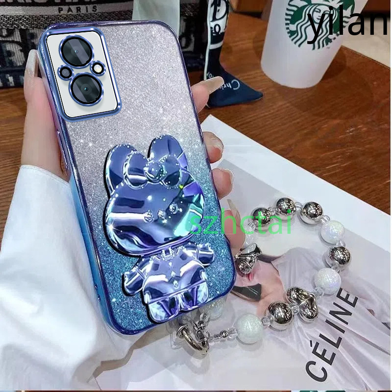 เคสโทรศัพท์ OPPO reno 7z 5G reno 8z 5G กระต่ายกระจกแต่งหน้าวงเล็บหรูหราซิลิโคนใสเคสโทรศัพท์แบบนุ่มพร้อมสร้อยข้อมือเชือกแขวน เคส OPPO reno 7z 5G reno 8z 5G