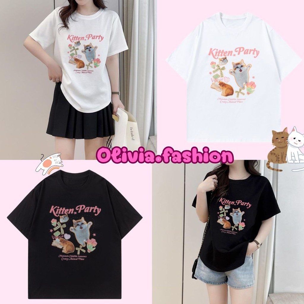Olivia เสื้อยืดแขนสั้นพิมพ์ลายแมวน้อย น่ารัก ใส่สบาย ฟรีไซส์ #C021