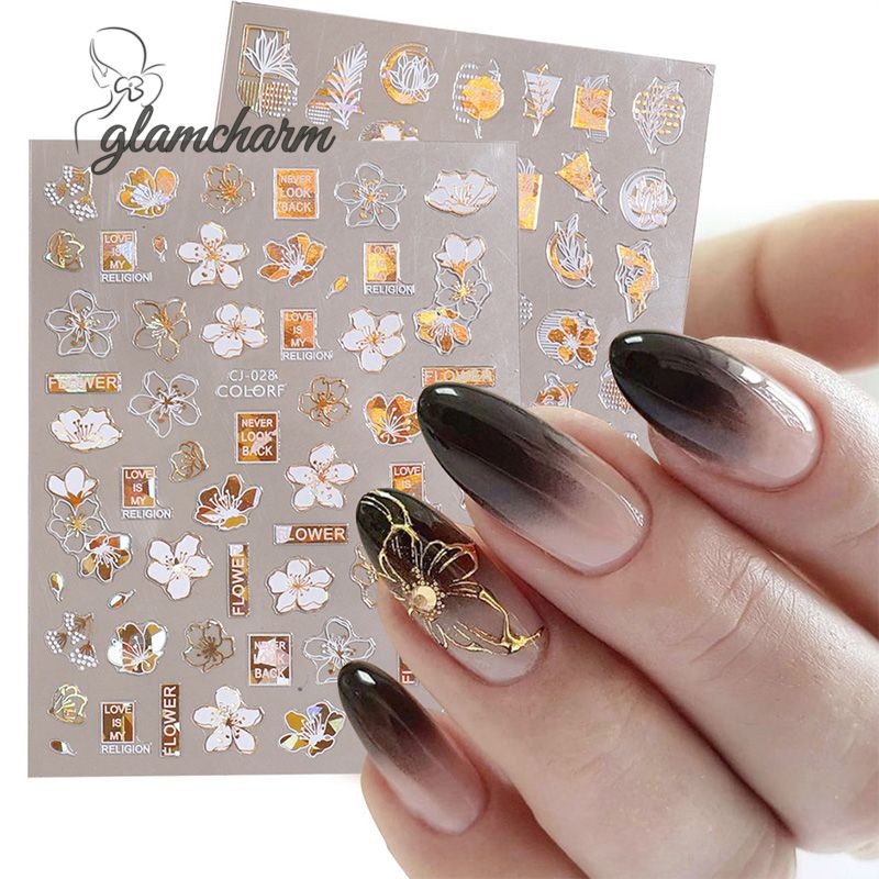 glamcharmNail Stickers White Gold Animals Plants Flowers Love English Series สติ๊กเกอร์ติดเล็บกาว