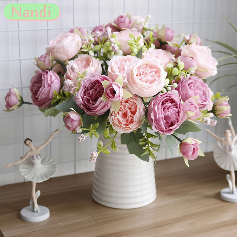 Realistic Silk Peony Bouquet Home Decor Accessories Wedding Party Scrapbooking Fake Plants Diy Pom P