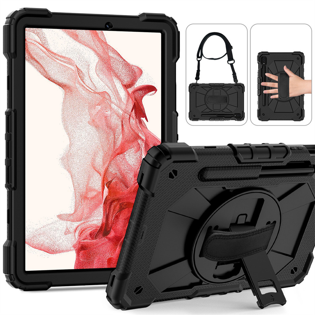 เคสที่ทนทานสําหรับ Samsung Galaxy Tab S8/S7/Tab A9 Plus 11",Tab A9 8.7",Tab A8 10.5",A7 Lite 8.7,Military Grade กันกระแทกฝาครอบป้องกัน w 360° ขาตั้งหมุนได้-สายคล้องมือ/ไหล่