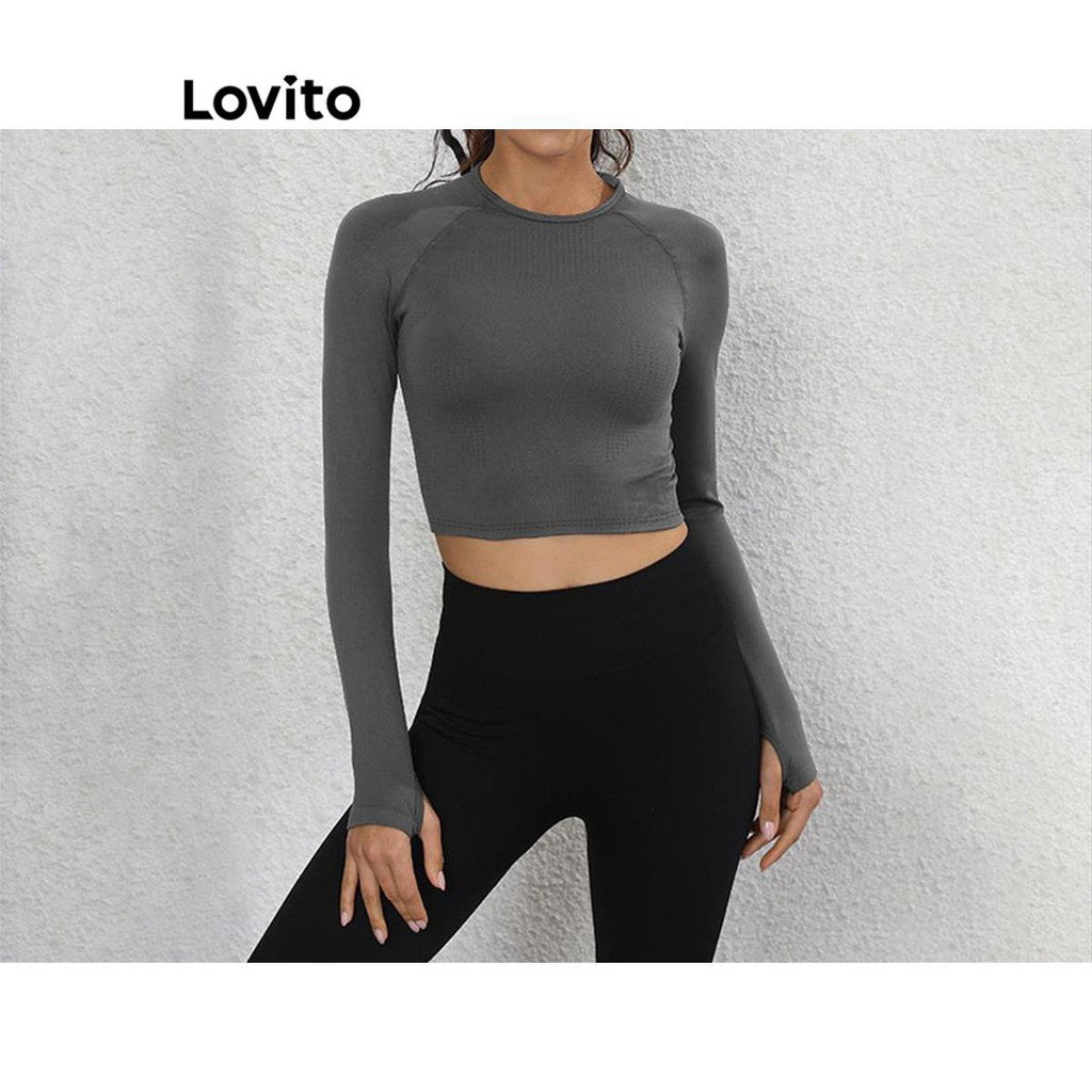 Lovito เสื้อยืดกีฬาผู้หญิง ตีเกล็ดหน้า สีพื้น สไตล์สปอร์ต LNL279