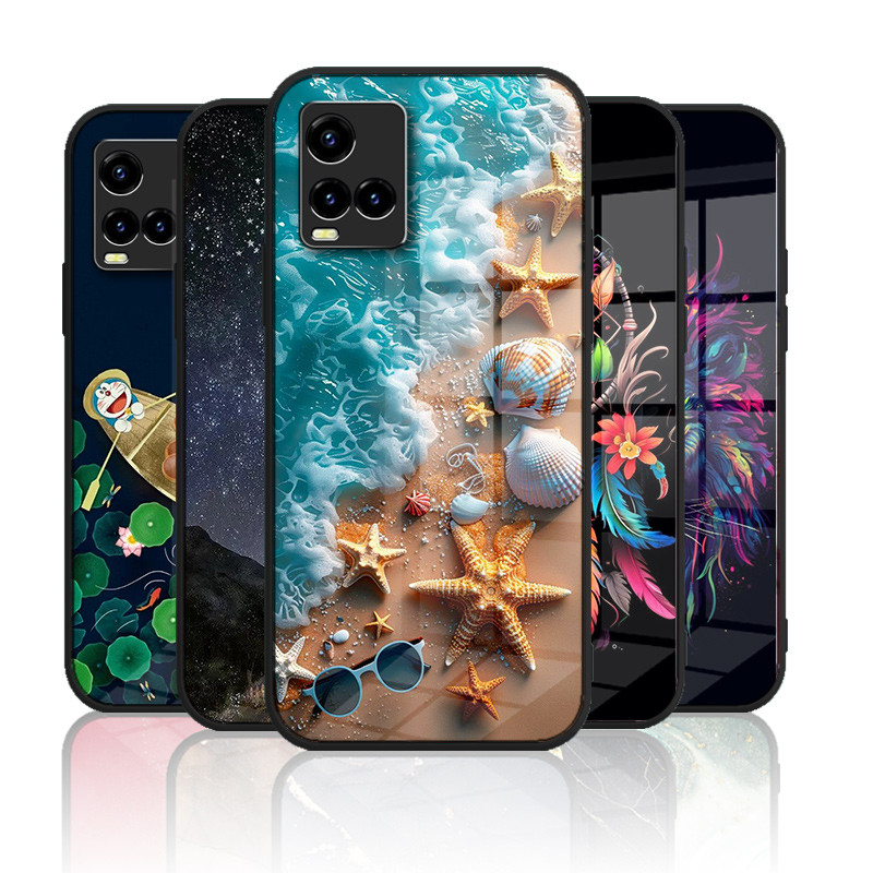 ปลอกแก้ว VIVO Y33s Y33t Y21 Y21t Y21s Y21a Y21g เคสกระจกนิรภัยฮาร์ดฝาหลังขอบซิลิคอนอ่อน