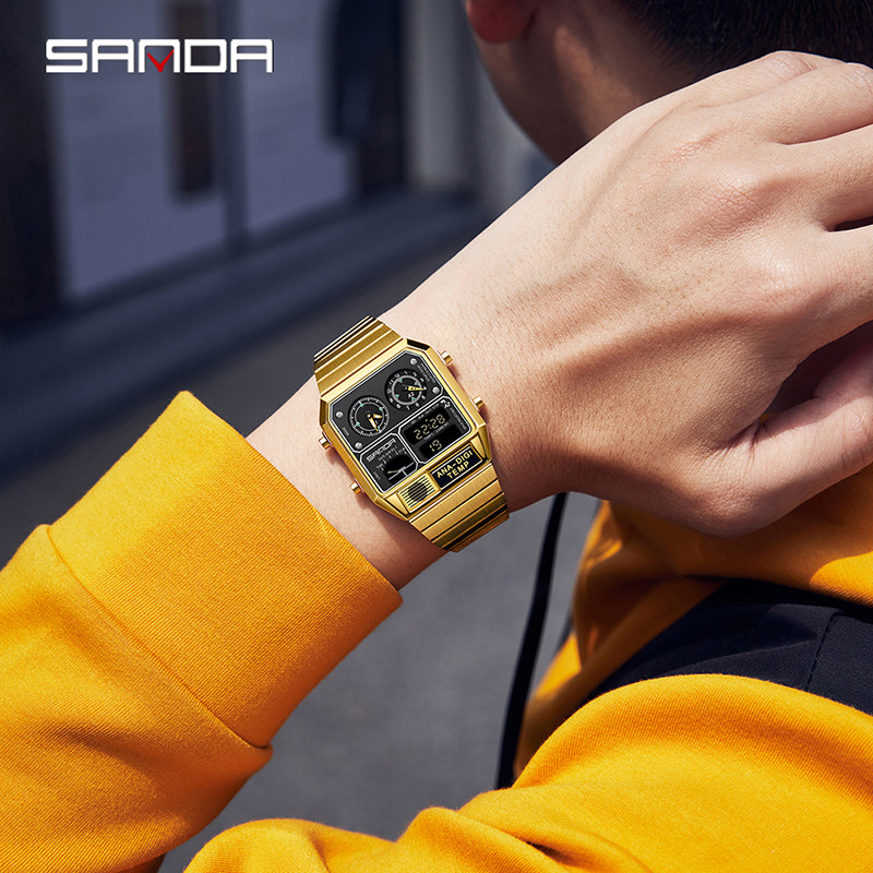 Sanda Retro อินเทรนด์ Punk Dual Display Luminous กันน้ําอิเล็กทรอนิกส์ควอตซ์นาฬิกาผู้ชาย SD3192-5