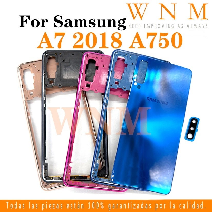 ใหม่สําหรับ Samsung Galaxy A7 2018 A750 Full Housing Bezel ฝาหลังแบตเตอรี่ + กรอบกลาง + อะไหล่กรอบกล้องด้านหลังกรณีที่อยู่อาศัยศูนย์แชสซี + ปุ่ม