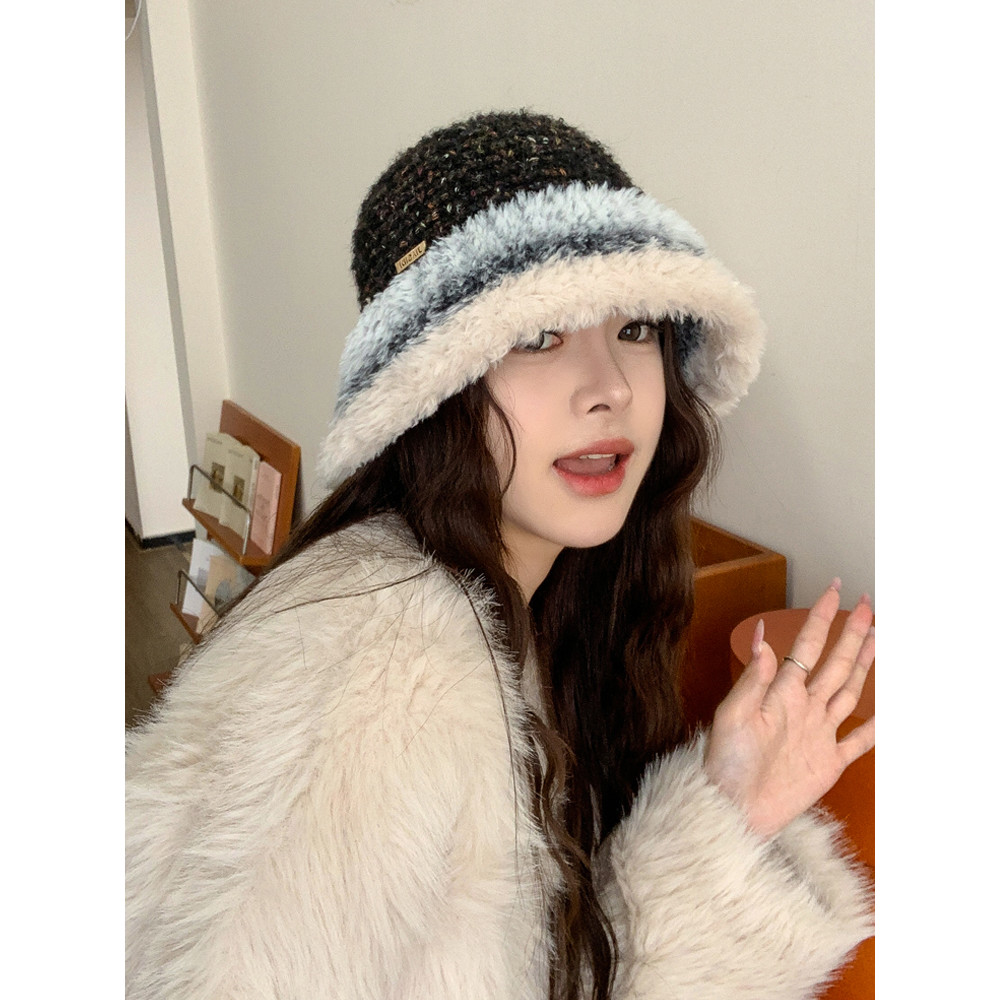 Contrast สีถักลายหมวกผู้หญิงฤดูใบไม้ร่วงฤดูหนาวหนา Plush Warm ถักหมวกแสดงใบหน้าขนาดเล็ก Cold-Proo