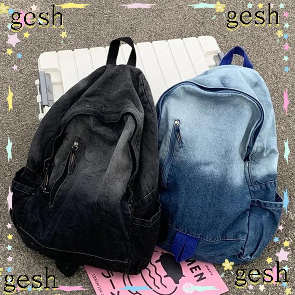 Gesh1 กระเป๋าเป้สะพายหลังผ้ายีนส์, Star Pattern Y2K Student Schoolbag, Fashion Large Capacity Punk B