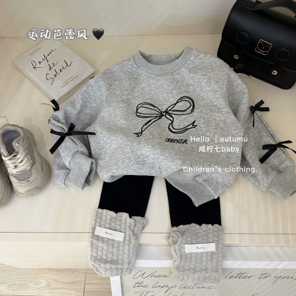 สูท เสื้อผ้าเด็ก สาวโบว์เสื้อฤดูใบไม้ร่วงสไตล์ใหม่เด็กแขนยาวเด็กลําลองด้านบนชุดสองชิ้น ที