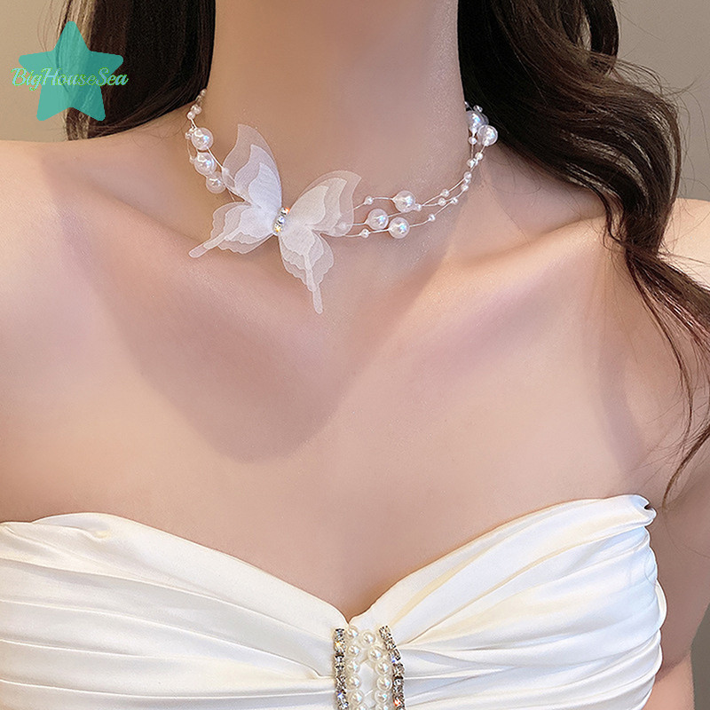 [BigHouseSea] สร้อยคอโชคเกอร์มุกสีขาวสําหรับผู้หญิงหวานเลียนแบบมุกกระดูกไหปลาร้าโซ่คอสร้อยคอเครื่องประดับงานแต่งงานของขวัญใหม่