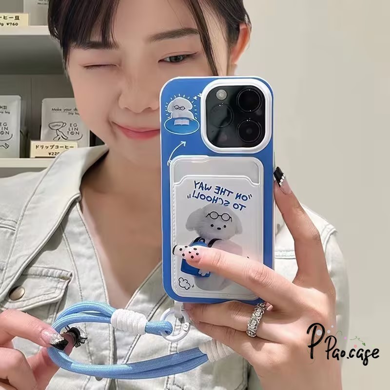 ลูกสุนัขน่ารักสองสายคล้องบัตรกระเป๋าสตางค์เคสสีฟ้าใช้ได้กับ เคสไอโฟน 15 13 11 14 12Pro Max 7 15 8 14 Plus XR X XS Max
