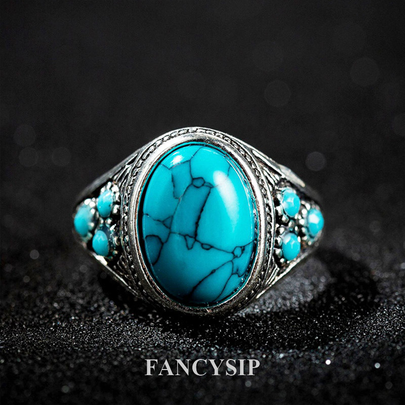 Fancysip Fancyqube 925 เงินสเตอร์ลิง Turquoise แหวนหมั้นสําหรับผู้หญิงผู้ชาย Vintage Fine เครื่องประดับขายร้อนแหวนของขวัญ