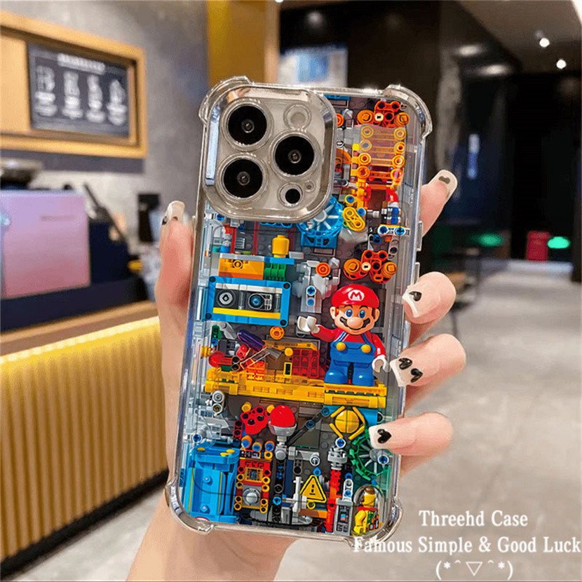ปลอกใช้งานร่วมกับ IPhone 11 XR 15 14 13 12 Pro Max 7 8 Plus SE 2020 X Xs Max หรูหราสี่มุมถุงลมนิรภัยเลนส์ฟิล์มป้องกันกรณีอินเทรนด์ Mario ความคิดสร้างสรรค์ TPU ฝาหลัง